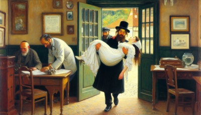 Moishe carrying Maeven into the doctor’s office
