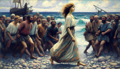 Chrysanthe walking along the shore of the Mediterranean Sea