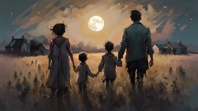 Family walking across a field image
