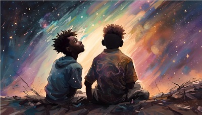 Two boys stargazing image