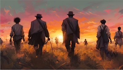 Men walking toward the sunrise image