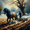 A man plowing behind a horse