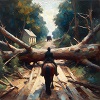 The road ahead is blocked by a fallen tree