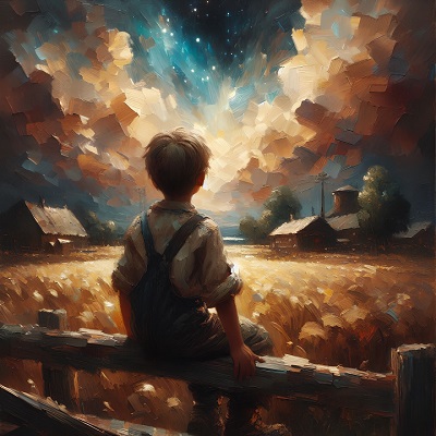 A boy sitting on a fence looking out over a field image