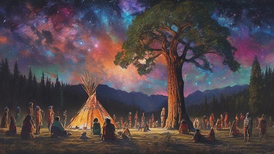 Native Americans gathering at night in Yosemite image