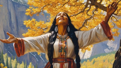 A native American woman giving thanks in Yosemite image