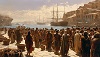Roman refugees standing on the dock